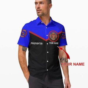 Ctom Hawaiian Aloha Hawaiian Shirts Firefighter Black And Blue With Name  - Thelegend59