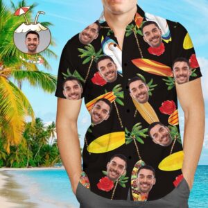 Custom Face All Over Print Green Leaves Hawaiian Shirt Surfboards Pipeline And Palm Trees  - Thelegend59
