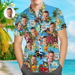 Custom Face Blue Hawaii Route 66 Aloha Hawaiian Shirt Gift For Him  - Thelegend59