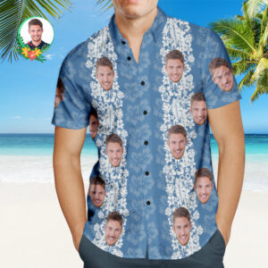 Custom Face Blue Hibiscus Pattern Men'S Hawaiian Shirt Aloha Beach Hawaiian Shirts Gift For Him  - Thelegend59