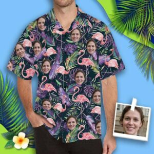 Custom Face Flamingo Purple Leaf Men'S All Over Print Hawaiian Shirt  - Thelegend59