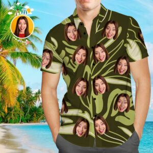 Custom Face Funky Hawaiian Shirt Abstract Leaves Button Down Hawaiian Shirtss  - Thelegend59