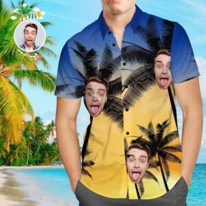 Custom Face Funky Hawaiian Shirt Sunset Yellow Button Down Hawaiian Shirtss  - Thelegend59