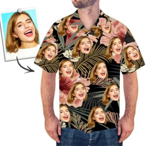 Custom Face Hawaiian Shirt Black Flower Personalized Tee For Husband  - Thelegend59