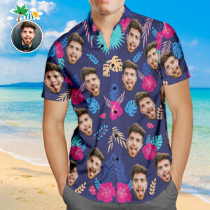Custom Face Hawaiian Shirt Colorful Leaves Personalized Aloha Beach Hawaiian Shirts For Men  - Thelegend59