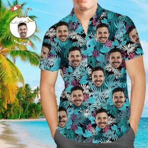 Custom Face Hawaiian Shirt Colorful Leaves Personalized Tee For Husband  - Thelegend59