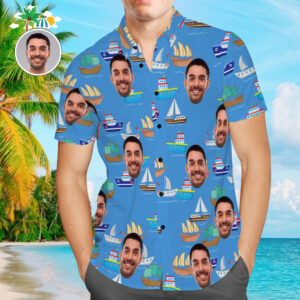 Custom Face Hawaiian Shirt Colorful Sailboat Beach Hawaiian Shirts Holiday Gift For Men  - Thelegend59
