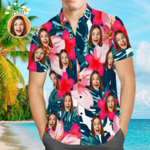 Custom Face Hawaiian Shirt Gradient Pink Flowers Beach Hawaiian Shirts Gift For Men  - Thelegend59
