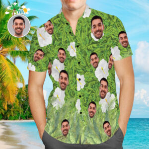 Custom Face Hawaiian Shirt Green Leaves Aloha Beach Hawaiian Shirts Gift For Men  - Thelegend59