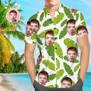 Custom Face Hawaiian Shirt Green Leaves Personalized Tee For Husband  - Thelegend59