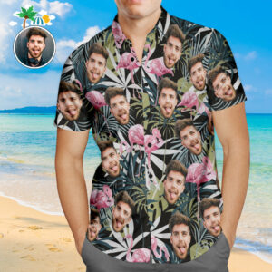 Custom Face Hawaiian Shirt Leaves And Flamingo Personalized Aloha Beach Hawaiian Shirts For Men  - Thelegend59