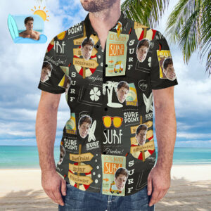Custom Face Hawaiian Shirt Personalized Surfing Style Black Aloha Beach Hawaiian Shirts Gift For Surfer  - Thelegend59
