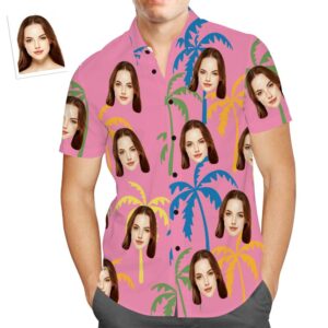 Custom Face Hawaiian Shirt Pink Palm Tree Hawaiian Shirtss Tropical Beach Hawaiian Shirtss For Men  - Thelegend59