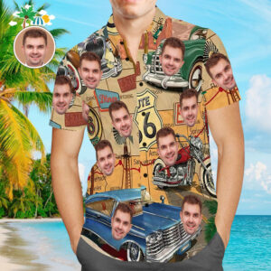 Custom Face Hawaiian Shirt Vintage Route 66 Aloha Beach Hawaiian Shirts Gift For Him  - Thelegend59