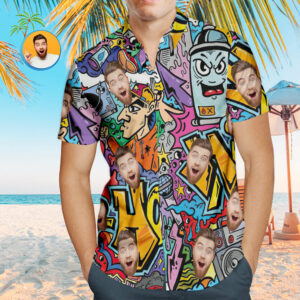 Custom Face Hawaiian Shirts Personalized Colorful Graffiti Hawaiian Shirts Hip Hop Style  - Thelegend59