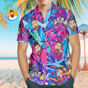 Custom Face Hawaiian Shirts Personalized Hip Hop Style Hawaiian Shirts Colorful Graffiti  - Thelegend59
