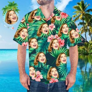 Custom Face Leaves &Amp; Flowers Men'S All Over Print Hawaiian Shirt  - Thelegend59