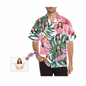 Custom Face Leaves Pink Flowers Men'S Hawaiian Shirt  - Thelegend59