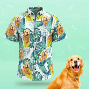 Custom Face Men Hawaiian Shirts Personalized Cute Dog Face For Pet Lover - Green Leaves  - Thelegend59