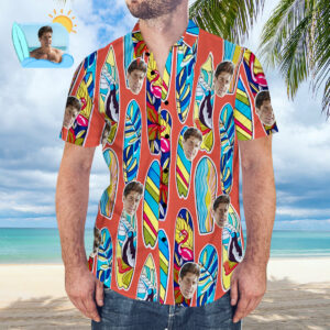 Custom Face Men'S Hawaiian Surfing Board Print Short Sleeve Funky Aloha Hawaiian Shirts  - Thelegend59