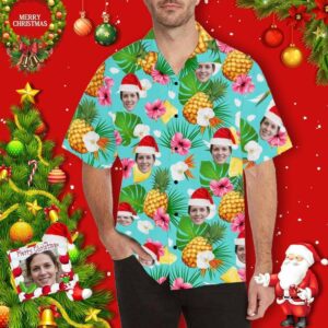 Custom Face Merry Christmas Pineapple Blue Unisex Hawaiian Shirts  - Thelegend59