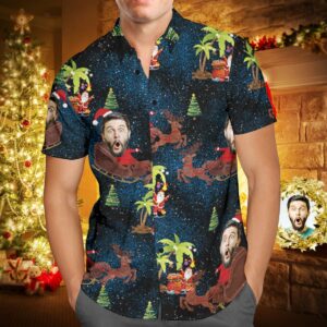 Custom Face Personalised Christmas Hawaiian Shirt Reindeer Pulling A Sleigh Christmas Gift  - Thelegend59