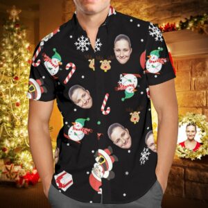 Custom Face Personalised Christmas Hawaiian Shirt Snowman Skiing Candy Cane Holiday Gifts  - Thelegend59