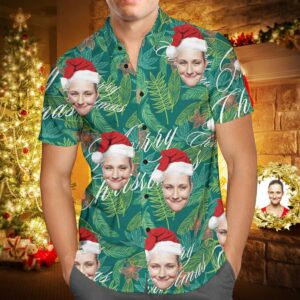 Custom Face Personalised Merry Christmas Hawaiian Shirt All Over Print Leaves  - Thelegend59