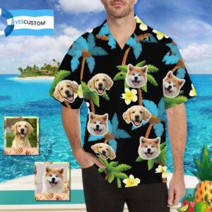 Custom Face Pet Blue Coconut Tree Men'S All Over Print Hawaiian Shirt  - Thelegend59