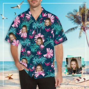 Custom Face Pink Flower Men'S All Over Print Hawaiian Shirt  - Thelegend59