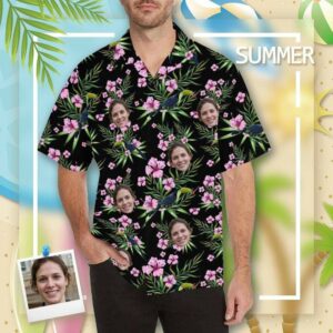 Custom Face Pink Flowers Men'S All Over Print Hawaiian Shirt  - Thelegend59