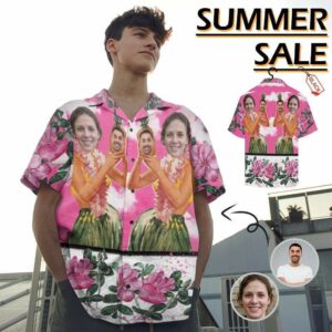 Custom Face Pink Sky Beauty Flower Men'S All Over Print Hawaiian Shirt  - Thelegend59
