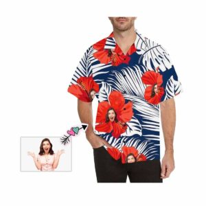 Custom Face Red Flowers Men'S Hawaiian Shirt  - Thelegend59