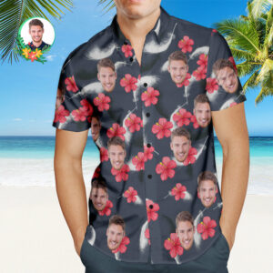 Custom Face Red Hibiscus Men'S Hawaiian Shirt Aloha Beach Hawaiian Shirts Gift For Him  - Thelegend59