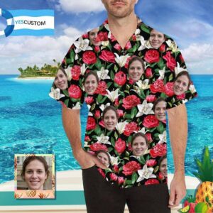 Custom Face Rose&Amp;Lily Flowers Men'S All Over Print Hawaiian Shirt  - Thelegend59