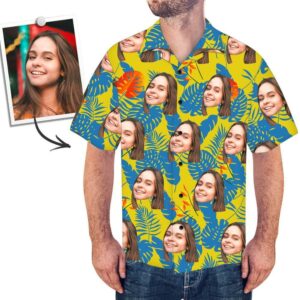 Custom Face Hawaiian Shirts Men'S Hawaiian Shirt Blue Leaves  - Thelegend59