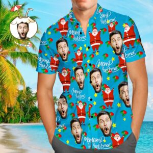 Custom Face Hawaiian Shirts Personalised Photo Men'S Hawaiian Shirt Christmas Gift - Happy Santa  - Thelegend59