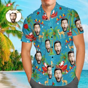 Custom Face Hawaiian Shirts Personalised Photo Men'S Hawaiian Shirt Christmas Gift - Santa And Elk  - Thelegend59