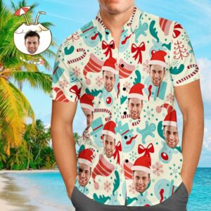 Custom Face Hawaiian Shirts Personalised Photo Men'S Hawaiian Shirt Christmas Gift - Santa Hat  - Thelegend59