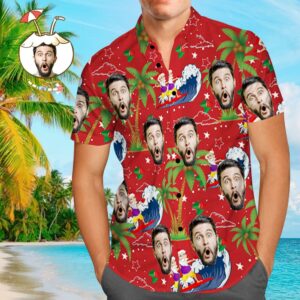 Custom Face Hawaiian Shirts Personalised Photo Men'S Hawaiian Shirt Christmas Gift - Surfing Santa  - Thelegend59