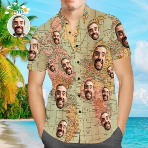 Custom Face World Map Printed Vintage Travel Short Sleeve Vintage Hawaiian Shirts For Men  - Thelegend59