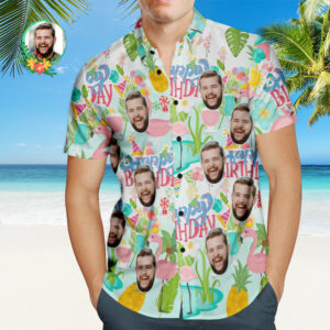 Custom Happy Birthday Hawaiian Shirt Flamingo Party Personalized Face Hawaiian Shirts  - Thelegend59