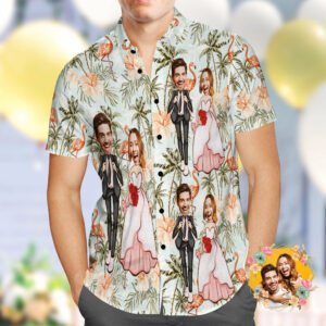 Custom Hawaiian Shirt Personalised Flamingo And Coconut Trees Wedding Hawaiian Shirt  - Thelegend59