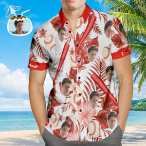 Custom Men'S Baseball Hawaiian Shirts Red Flower Style Aloha Beach Hawaiian Shirts For Men Summer Gift  - Thelegend59