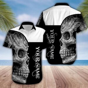 Custom Name Black And White Skull Unisex Hawaiian Aloha Hawaiian Shirtss  - Thelegend59