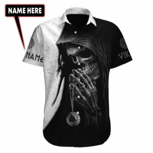 Custom Name Black White Viking Skull Unisex Hawaiian Shirts  - Thelegend59