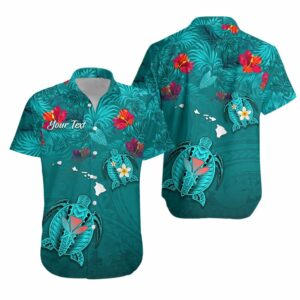 (Custom Personalised) Hawaiian Islands Hawaiian Shirt Hawaii Tropical Flowers And Turtles Turquoise  - Thelegend59