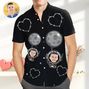 Custom Photo Hawaiian Shirt For Men - Funky Astronaut Casual Button-Down Hawaiian Shirts With Ballon  - Thelegend59
