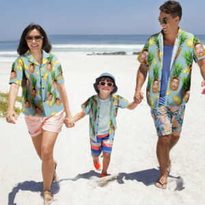 Custom Photo Hawaiian Shirt Parent-Child Wears Personalised Face Hawaiian Shirt Gift Big Pineapple  - Thelegend59