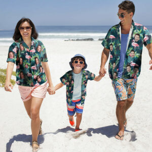 Custom Photo Hawaiian Shirt Parent-Child Wears Personalised Face Hawaiian Shirt Gift Flamingo Flower  - Thelegend59